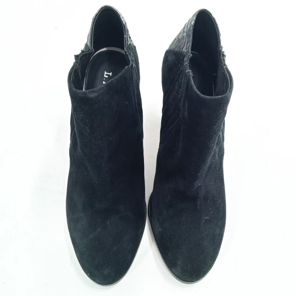 L.A.M.B. Gwen Stefani Black Suede Snake‎ Heel Ankle Boots